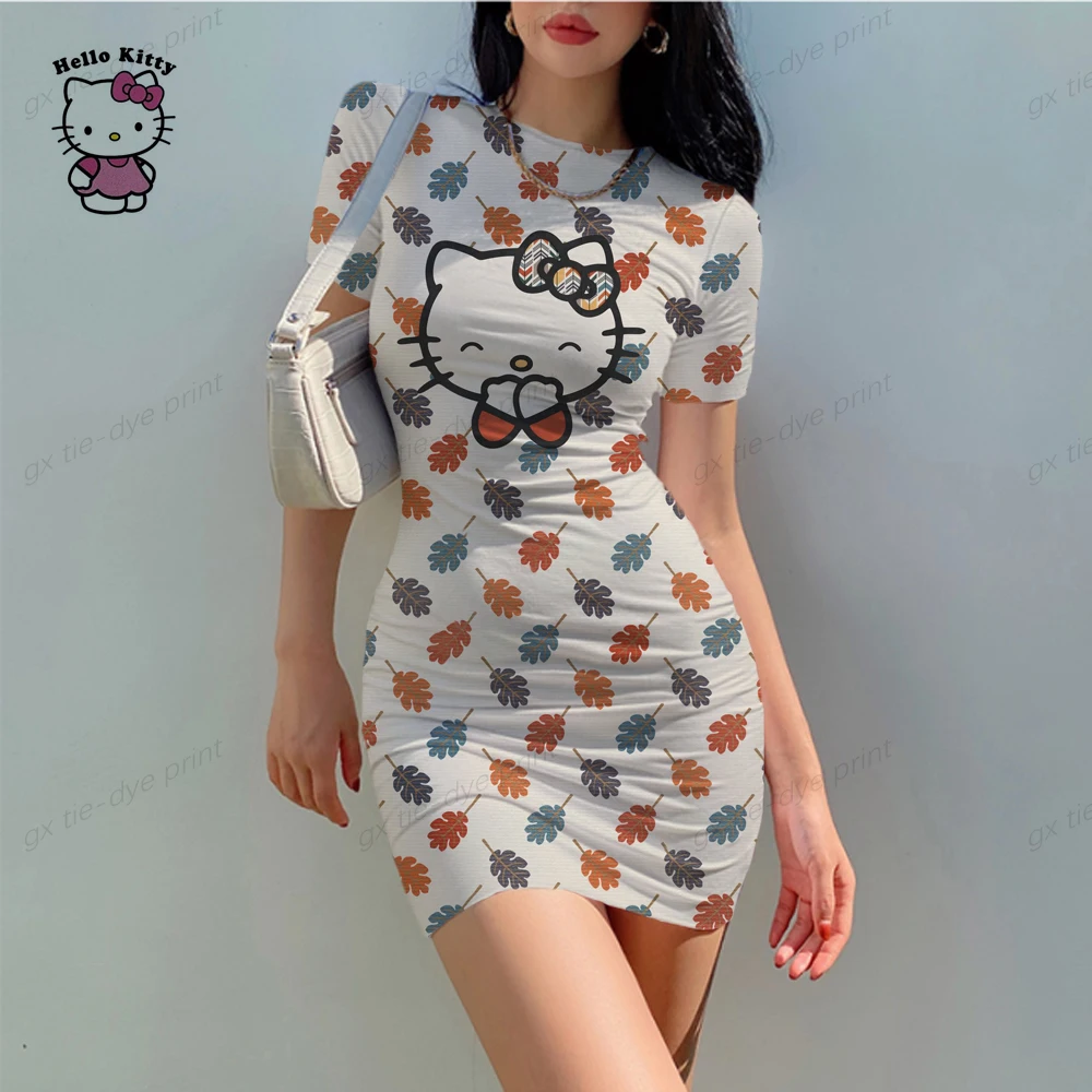 

Hello Kitty Summer Dress 2024 Cartoon Sexy Nightclub Short-sleeved Dress Women's Tight Crewneck Dress Kawaii Body Dress Ladies