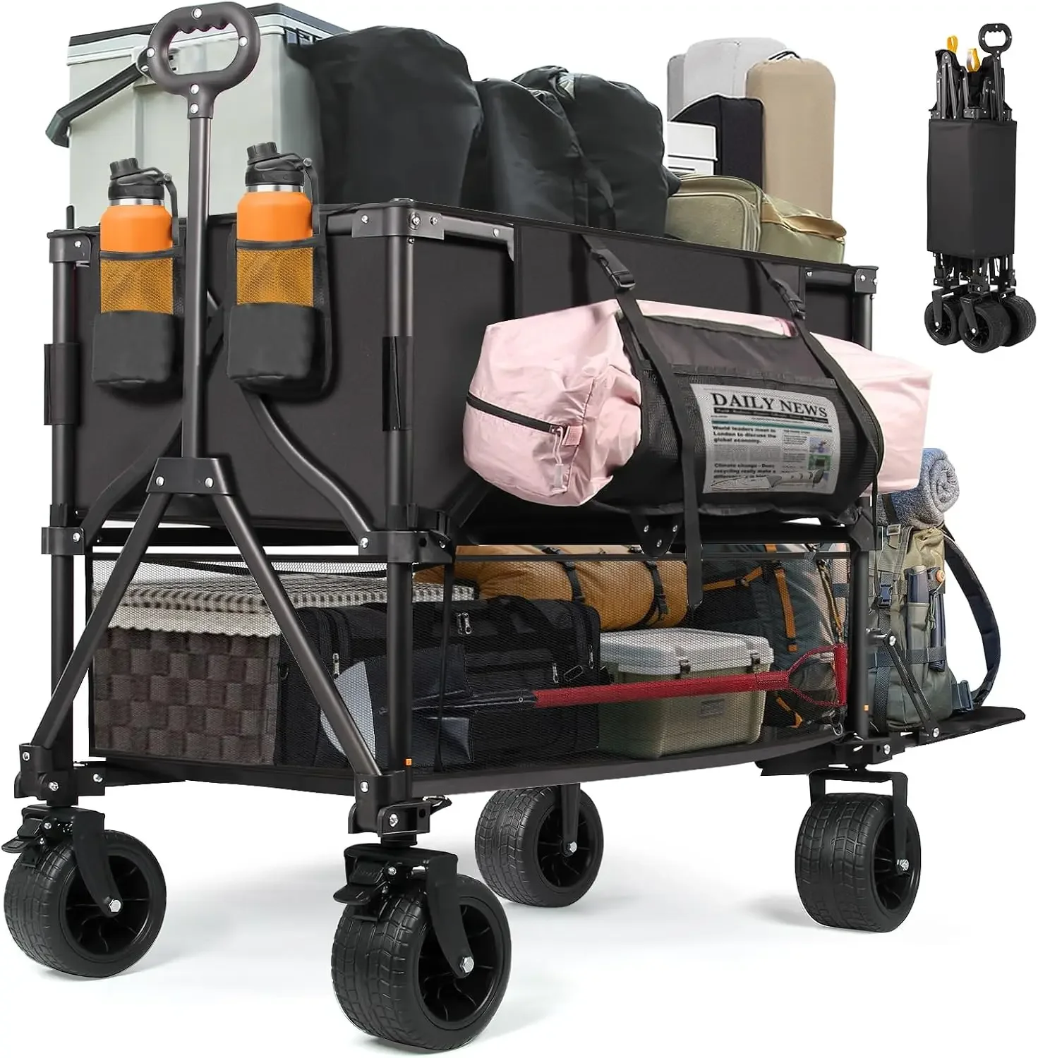 Double Decker Wagon Heavy Duty Collapsible, 600LBS 400L Capacity | Foldable Utility Cart, Big Wheels for Beach, Outdoor