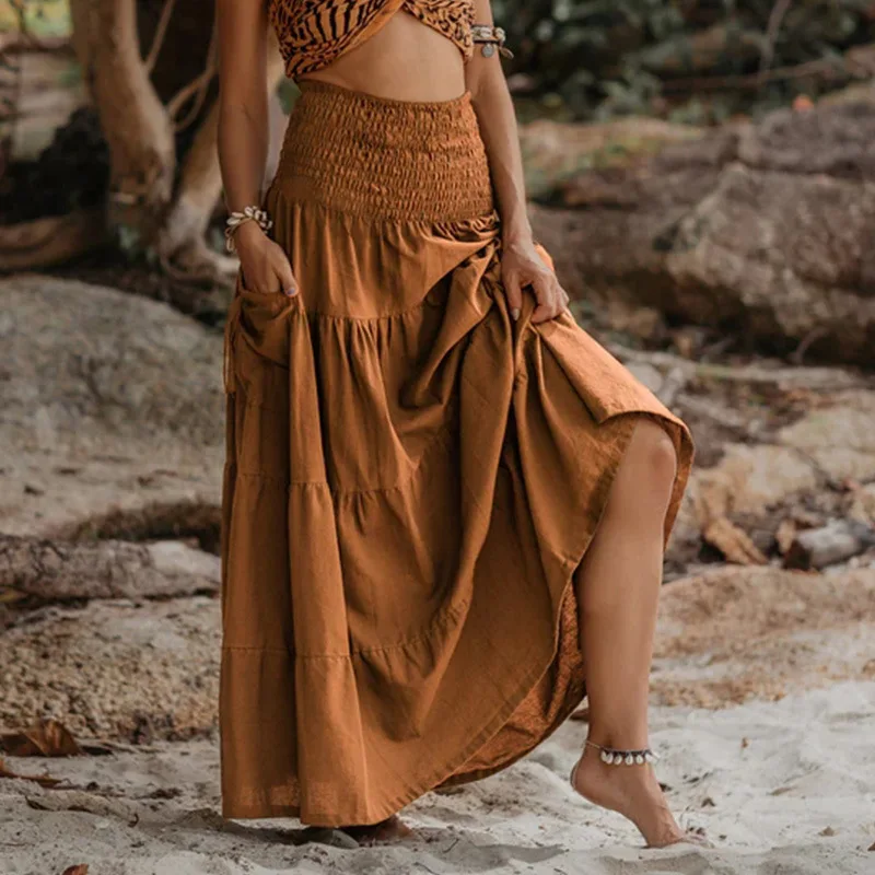 

2025 New European and American Casual Half Skirt Bohemian Loose Solid Color with Pocket, Two Wear Wrap Skirt