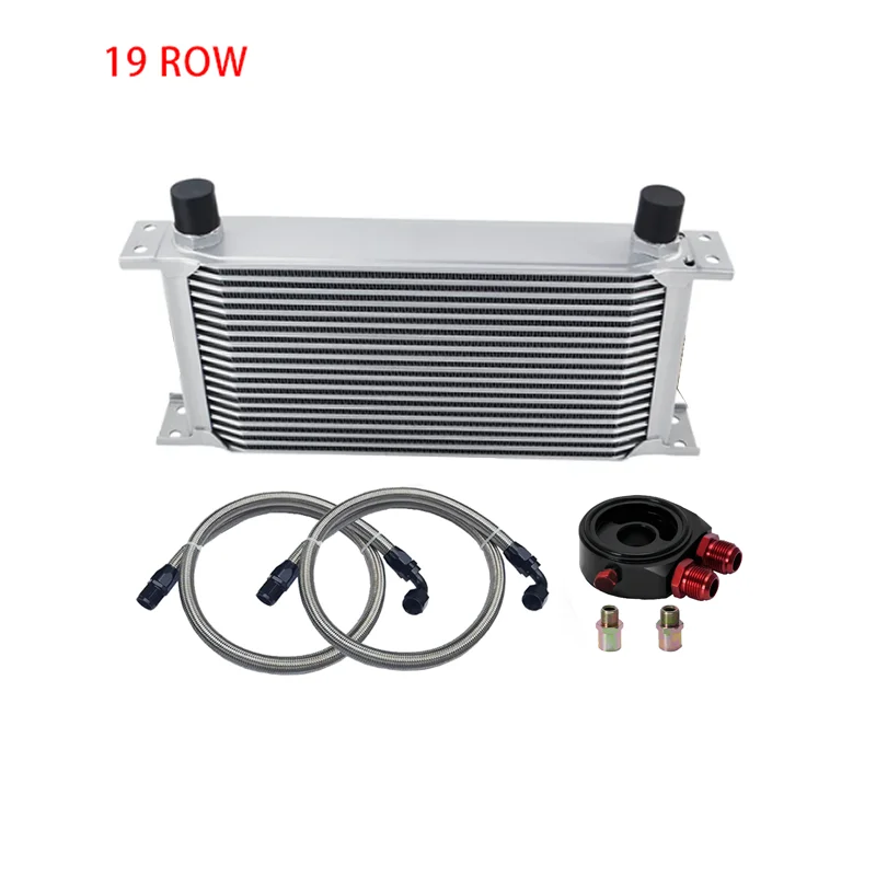 AN10 Universal 19 Rows Oil Cooler Kit + Oil Filter Sandwich Adapter + 1 And 1.2 Meter Stainless Steel Braided AN10 Hose Fittings