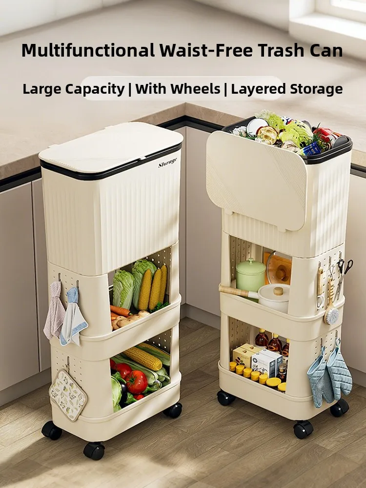 

Kitchen Waste Bin High Model No Need to Bend Waist with Wheels Mobile Multi-layer Japanese Style Storage Rack Household Garba...