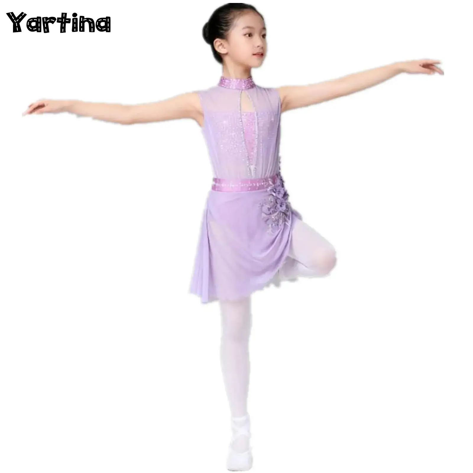 Crianças meninas patinação artística ballet dança desempenho traje brilhante strass pura malha dança lírica sobreposição vestido dancewear