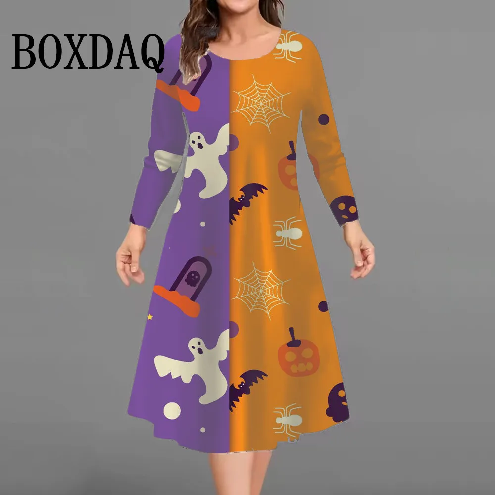 

Halloween Party Dresses For Women Funny Pumpkin Print Dress Autumn Winter Fashion Long Sleeve Plus Size Dress 2025 Clothing 9XL