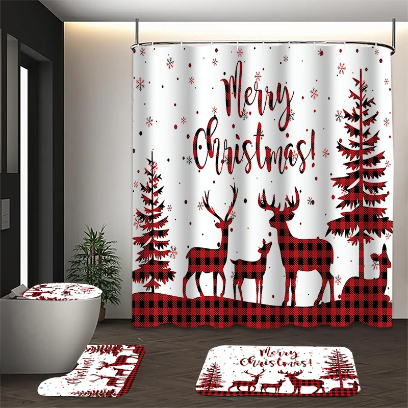 4-piece Christmas reindeer shower curtain set, toilet seat decoration, shower curtain with carpet and toilet lid
