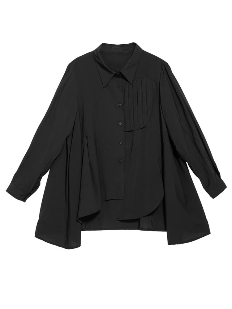 [EAM] Women Black Irregular Pleated Big Size Blouse New Lapel Long Sleeve Loose Fit Shirt Fashion Spring Autumn 2024 1DF6525