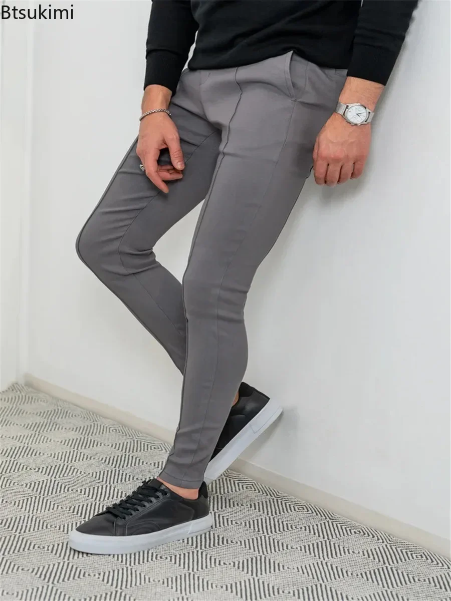 2024 Men\'s Solid Color Slim Long Pants Fashion New Business Casual Trousers Daily Wear Simple Breathable Pencil Pants for Male