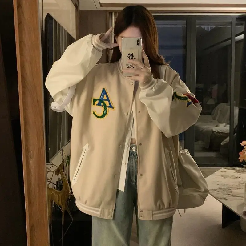 Retro American Patchwork Embroidered Letter Baseball Jacket Loose Korean Style Student Versatile Open Cardigan Coat for Women