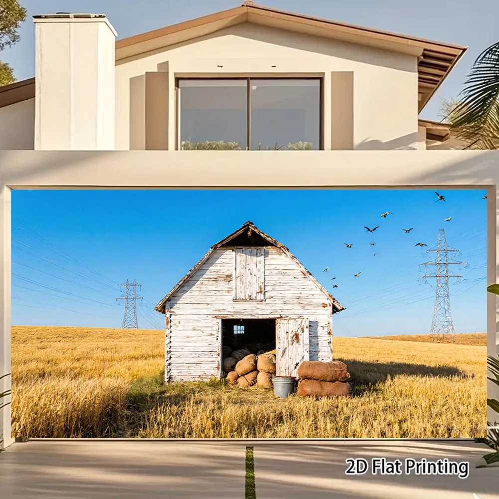 2D Flat, 1pc Rustic Farmhouse Banner - Vintage Farmhouse Decor with Golden Wheat Field & Cabin Scene - UV Printed Polyester Fabr