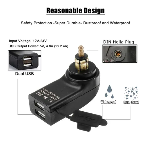 Imagen 2 del producto Cargador USB para motocicleta DIN Hella Socket QC3.0 adaptador de carga para BMW G310R G310GS R1200GS R1250GS K1200LT/GT F800GT F900R/XR