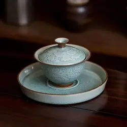 Honey Glaze Embossed Peony Baby Sancai Gaiwan Tea Cup, Single Ceramic Bowl with Lid, Not Hot Hand, Household Tea Maker, Pot Tray