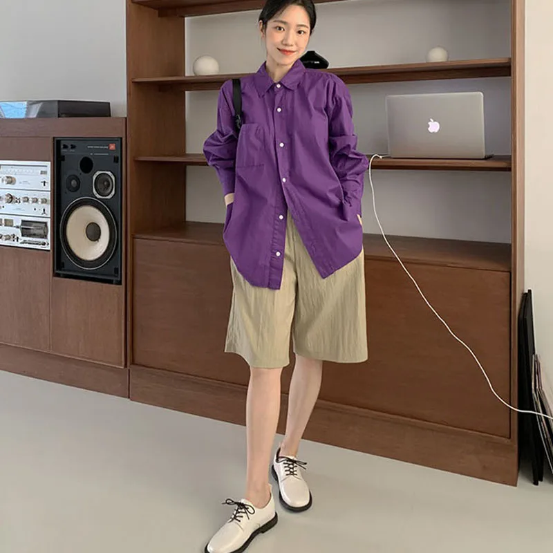 

Ele Фиолетовый многослойный хлопок irt, свободный повседневный универсальный женский базовый слой irt, длинный воротник весны 2025 года