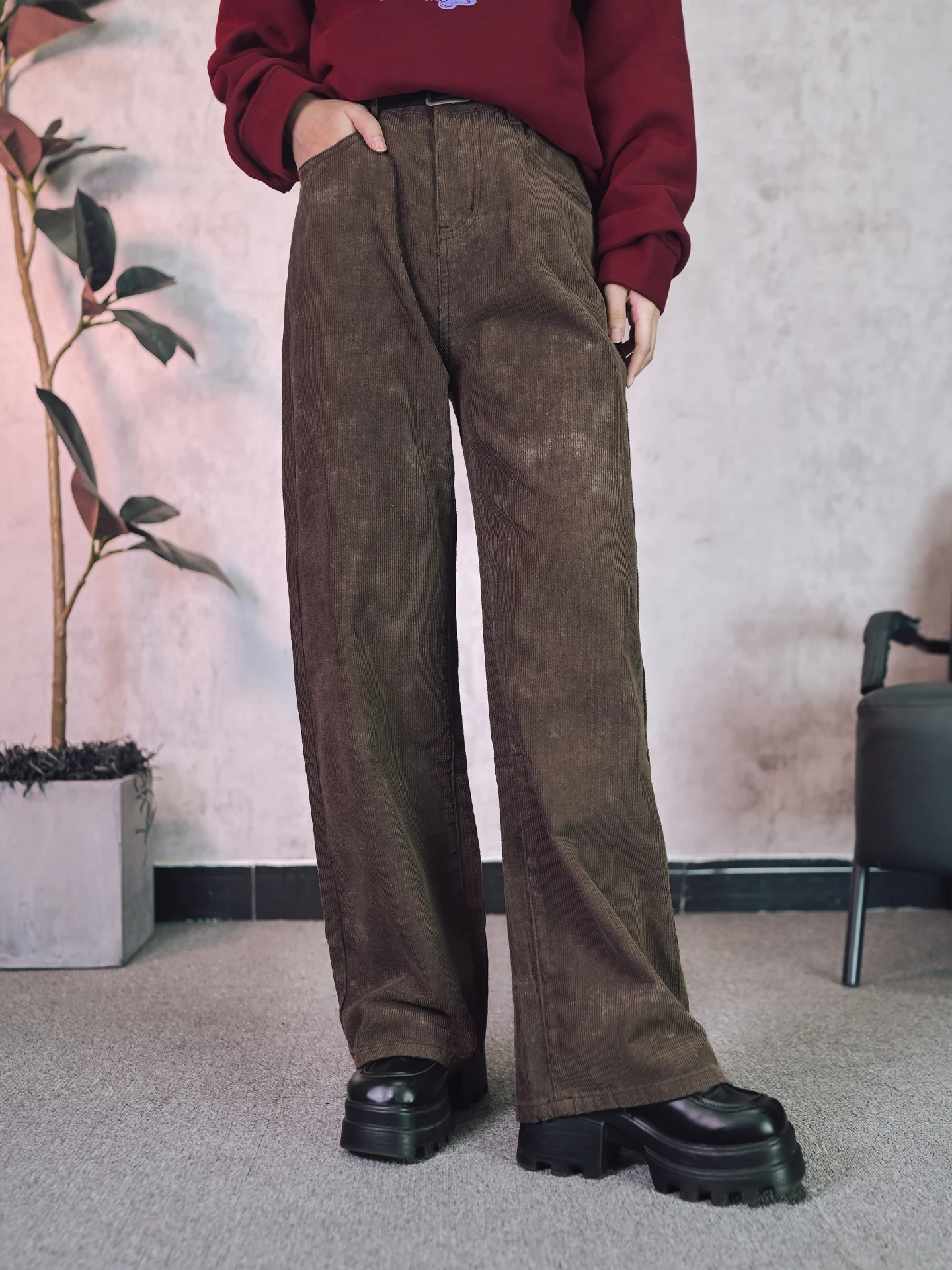 

Retro Brown Corduroy Straight Leg Pants Women's Autumn Winter adient Casual Trousers l Waist Zipper Cotton Polyester