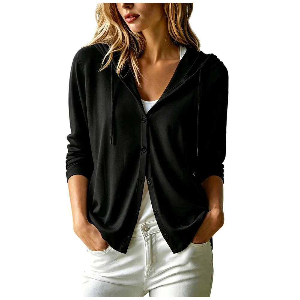 Solid Color Hooded Cardigan for Women with Long Sleeves Button Front and Regular Length Suitable for Four Seasons