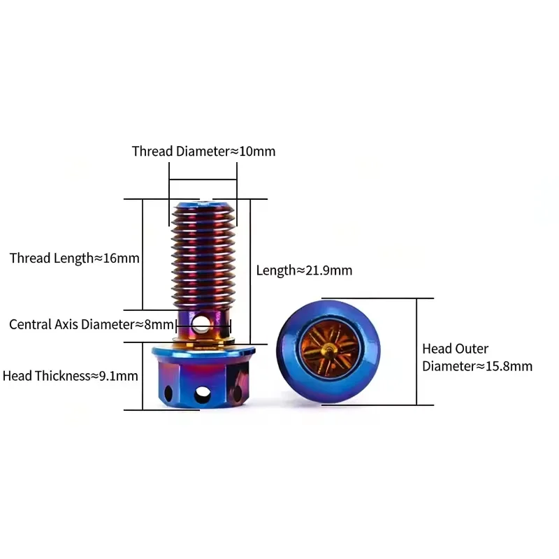 304 Stainless Steel M10 Titanium Gold/Blue Hollow Hex Head Brake Caliper Oil Port Screw Motorcycle Brake Caliper Tubing Bolt