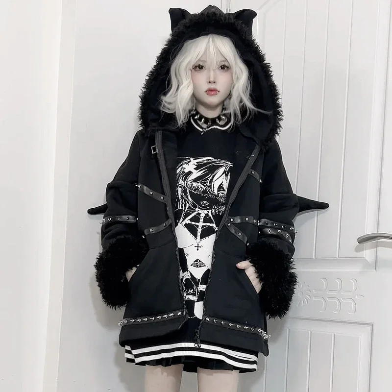 

Japanese Lamb Hair Imitation Coat Autumn and Winter Women's Harajuku Punk Gothic Girls' Black Loose Hoodie Sweatshirt