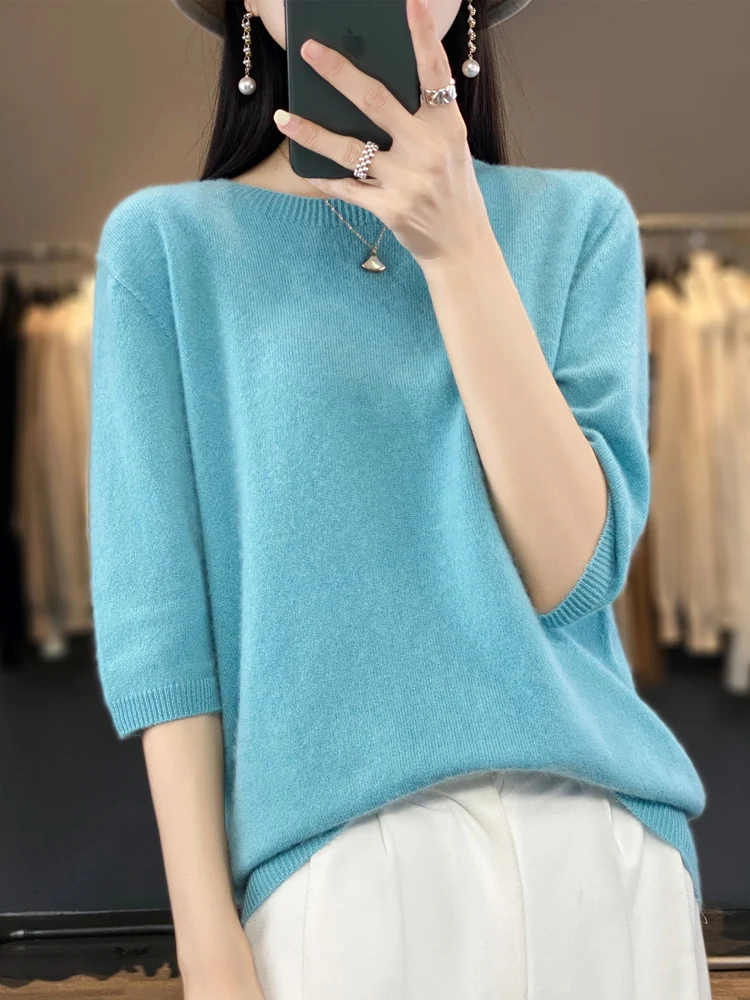 2024 New Spring Summer Women Sweater Short Sleeve O-Neck Pullover 100% Merino Wool Pure Color Knitted Jumper Female Clothing