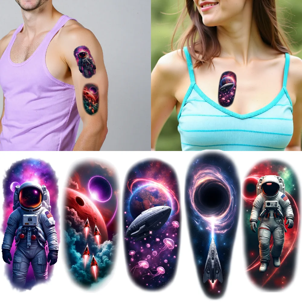 

9 шт., временные татуировки, тема галактики, реалистичные временные татуировки, космическое искусство, дизайн астронавта для женщин на спине, бедра