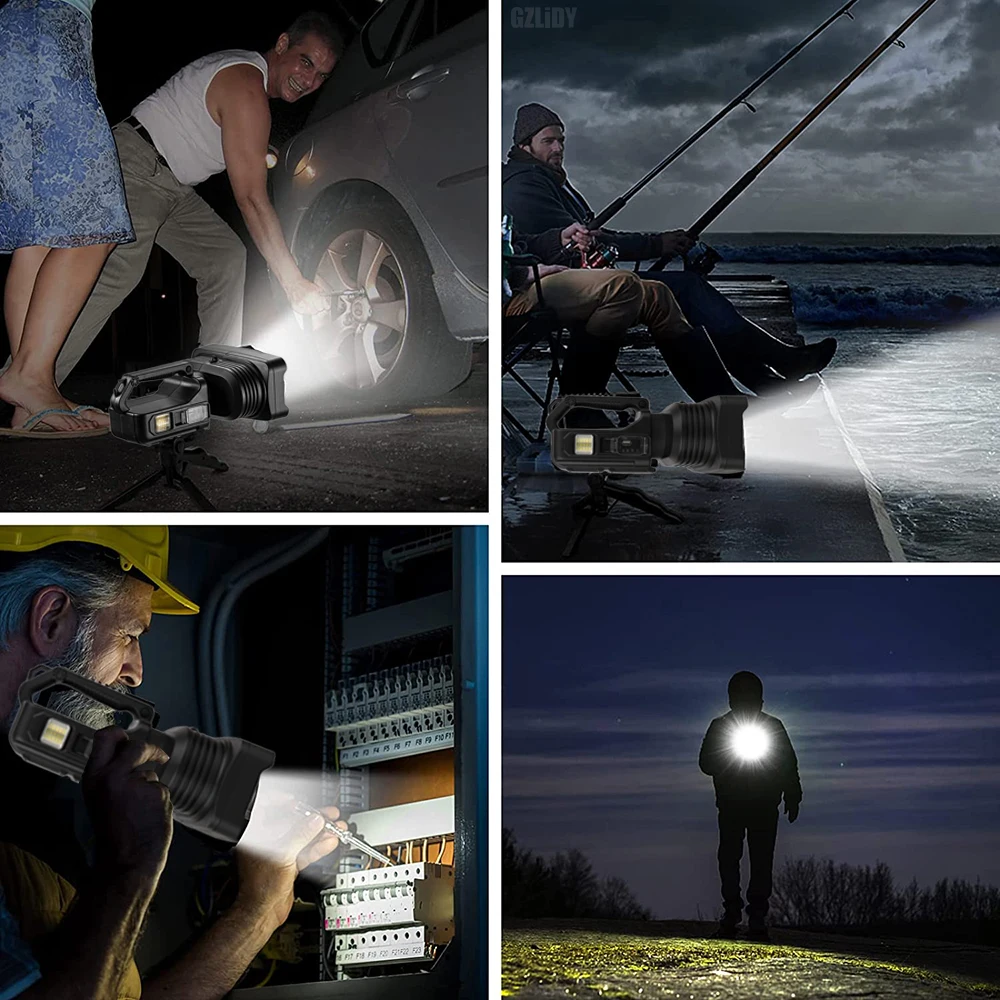 High Power Flashlight 2*XHP50 LED Torch Waterproof Spotlight Searchlight USB Rechargeable Fishing Lantern with Side Light Base