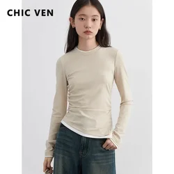 CHIC VEN Women T-Shirts Casual Slim O Neck Contrasting Color Female Tees Pleated Base Woman Top Patchwork Spring Autumn 2024