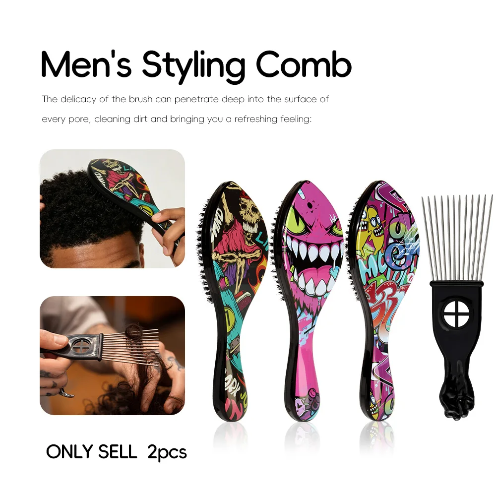 Street Graffiti Print Large Curved Boar Bristle Comb Set Curved Handle Cushion Hair Brush with Steel Needle Hair Pick Comb for  360 Wave Styling Tool