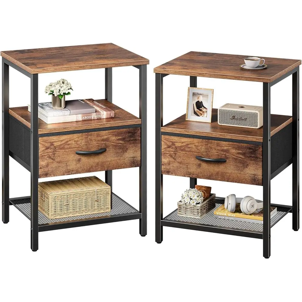 Rustic Brown 2-Piece Nightstand Set with Fabric Drawers, Mesh Shelf, and Metal Legs