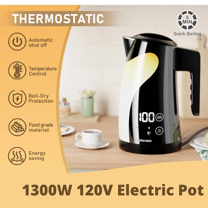 

120V/1300W Stainless Steel Electric Pot Kitchen Auto Shut Off Coffee Water Teapot 1.25L Adjustable Temperature Electric Kettle