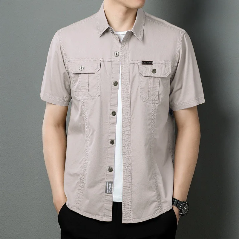 Men'sNew Summer Thin Short Sleeve Shirt Jacket Men's Solid Color Casual Cotton Outdoor Working Shirt Top