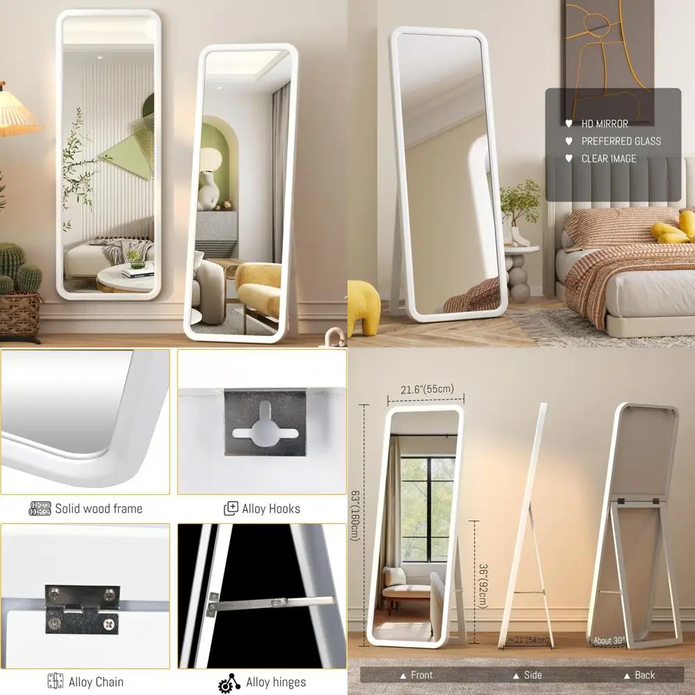 大型無垢材フロアスタンディング全身鏡（壁掛けオプション付き）、自立式木製フレームミラー（家庭用）