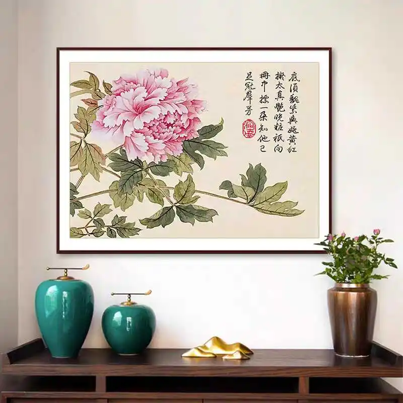 Kits de broderie au point de croix DIY, motif rouge somptueux et parfumé, salon, chambre à coucher, salle à manger, style chinois, peinture célèbre, fleur de pivoine