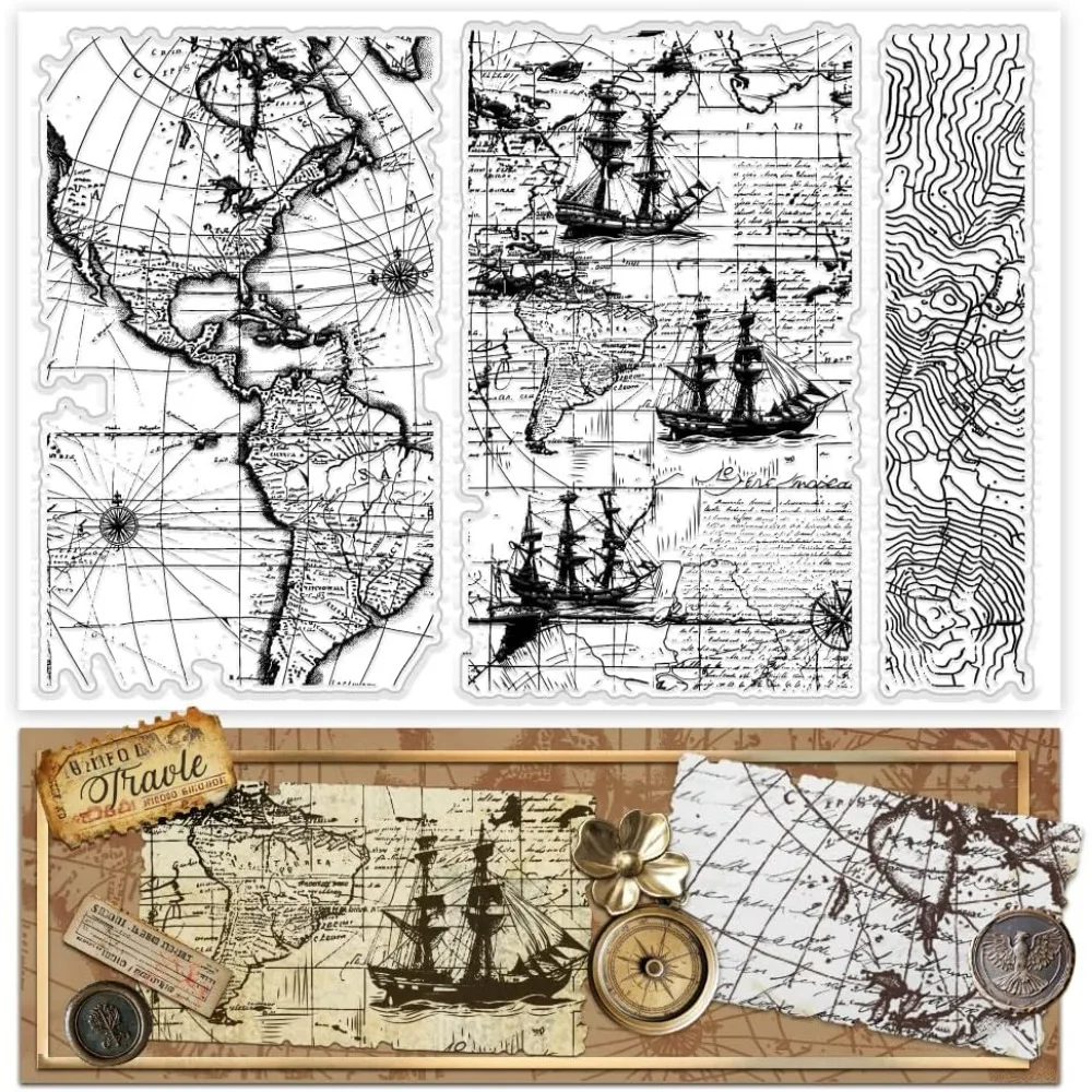 1szt Mapa Przezroczysty znaczek Vintage Global Map Silikonowy gumowy znaczek Żaglówka Przezroczyste znaczki Przezroczysty znaczek rzemieślniczy do czasopism