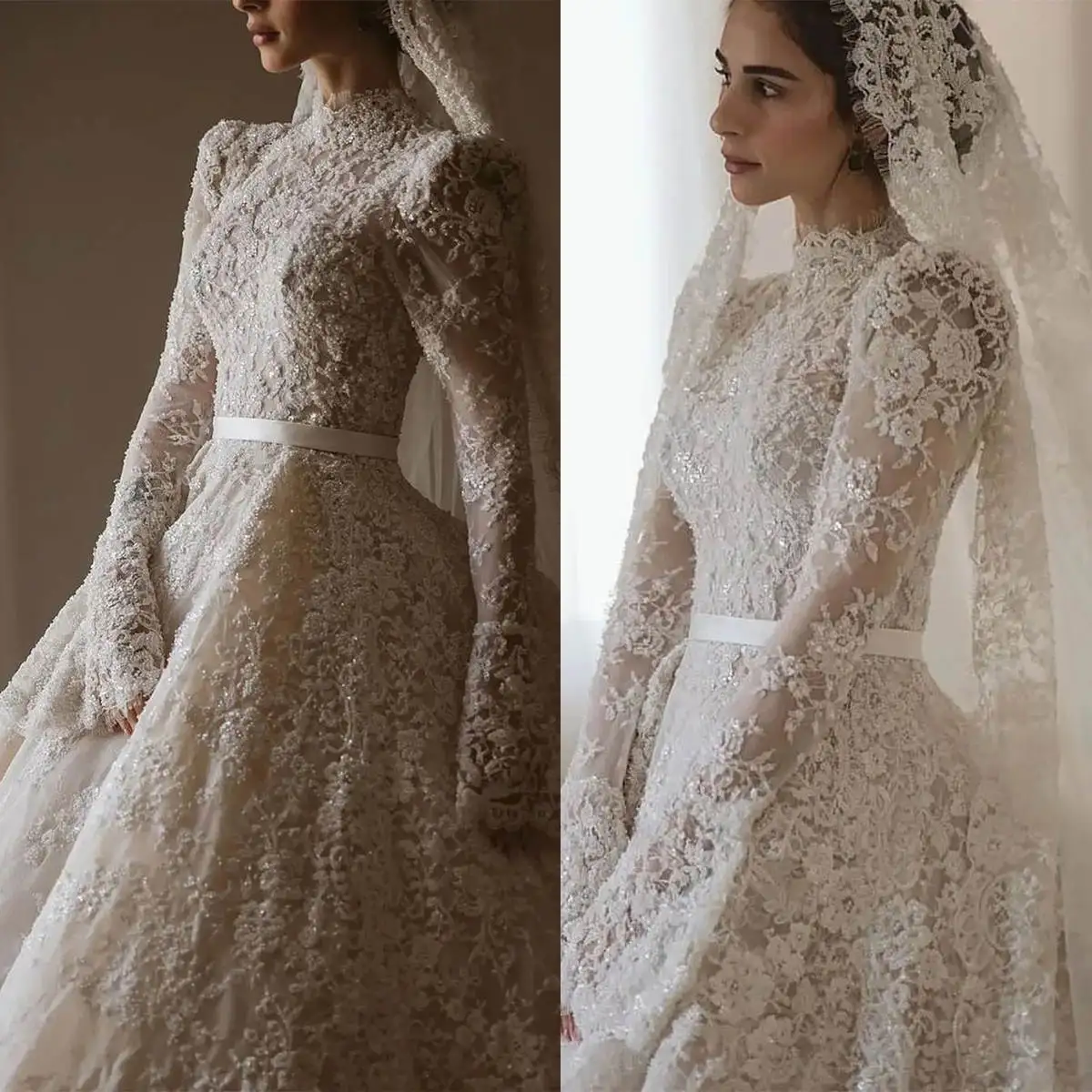 

Classic A Line Vestido De Novia High Neck Lace Wedding Dresses Vintage Appliques Sequins Sash Long Sleeve Bridal Dress