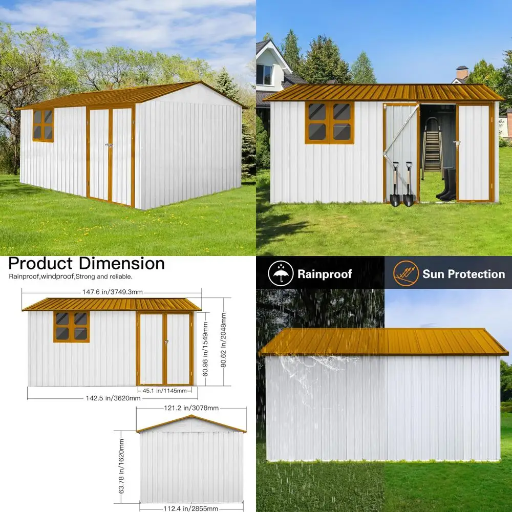 Large Outdoor Metal Storage Shed with 4-Pane Window, Lockable Door, and 4 Air Vents