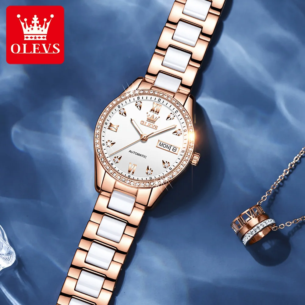 OLEVS Automatic Mechanical Watch for Women Top Brand Luxury Diamond Dial Elegant Ceramics Watchband Ladies Dress Wristwatch 6637