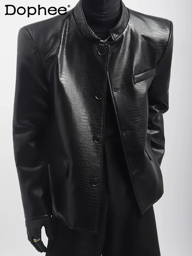 

2025 Gentleman High-end Fashion Black Coats Male Handsome PU Leather Jackets Men's Stand Collar Long-sleeve Tops Trendy Jacket