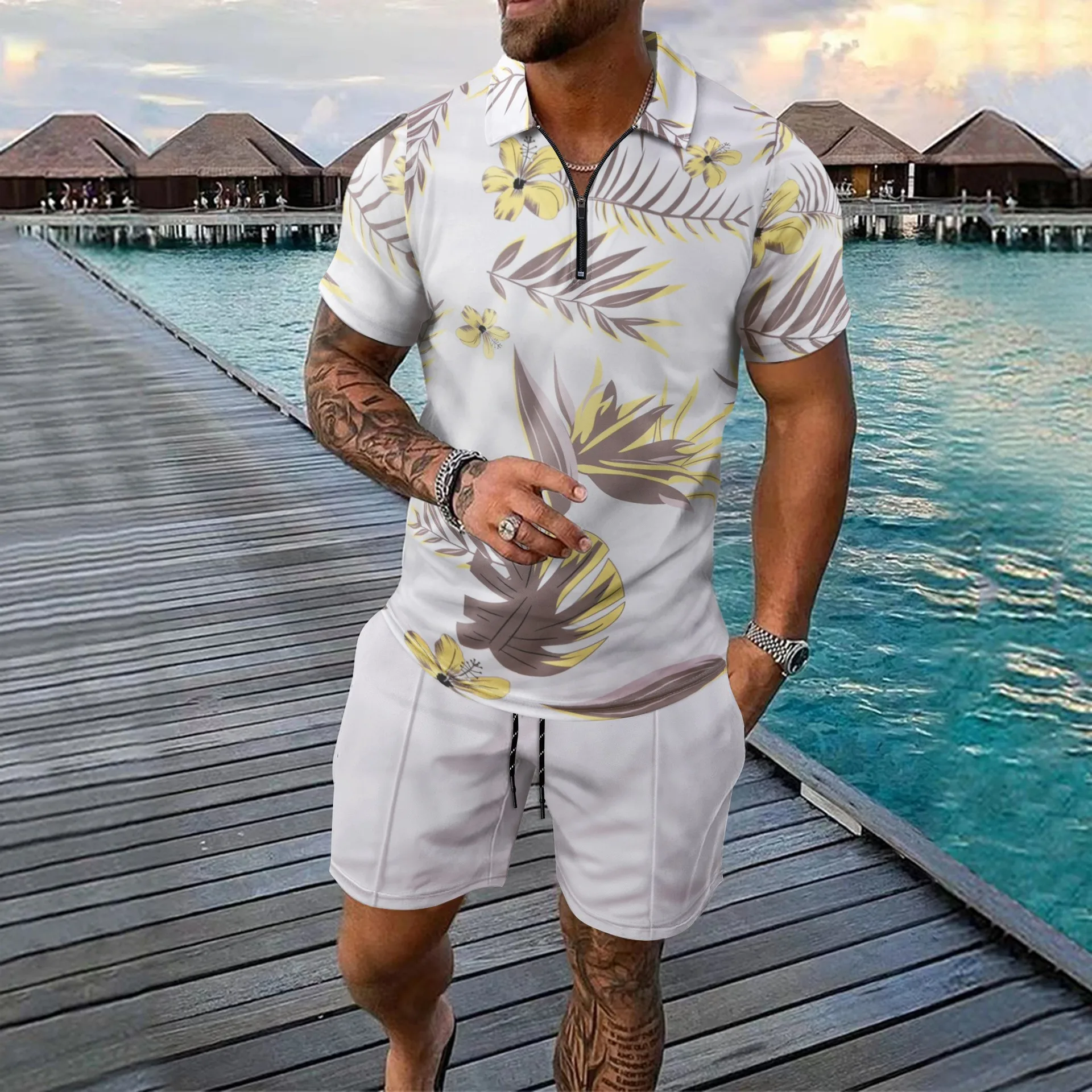 

2025 Summer New Men's Beach Casual Zipper Top Short Sleeve Printed Polo Shirt Drawstring Shorts Set Mens Tracksuit Set