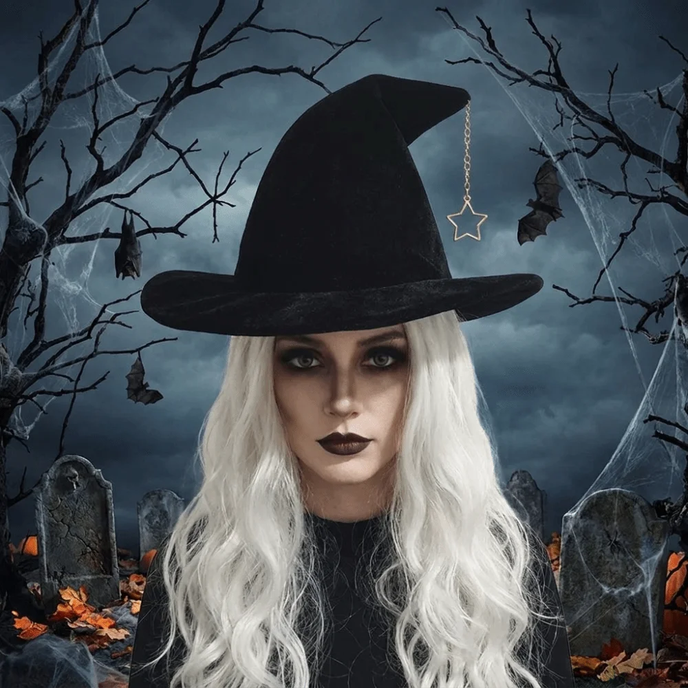 Simple Solid Color Witch Hat Star Pendant Korean Style Wool Bucket Hat Wizard Cap Foldable Halloween Hat Party