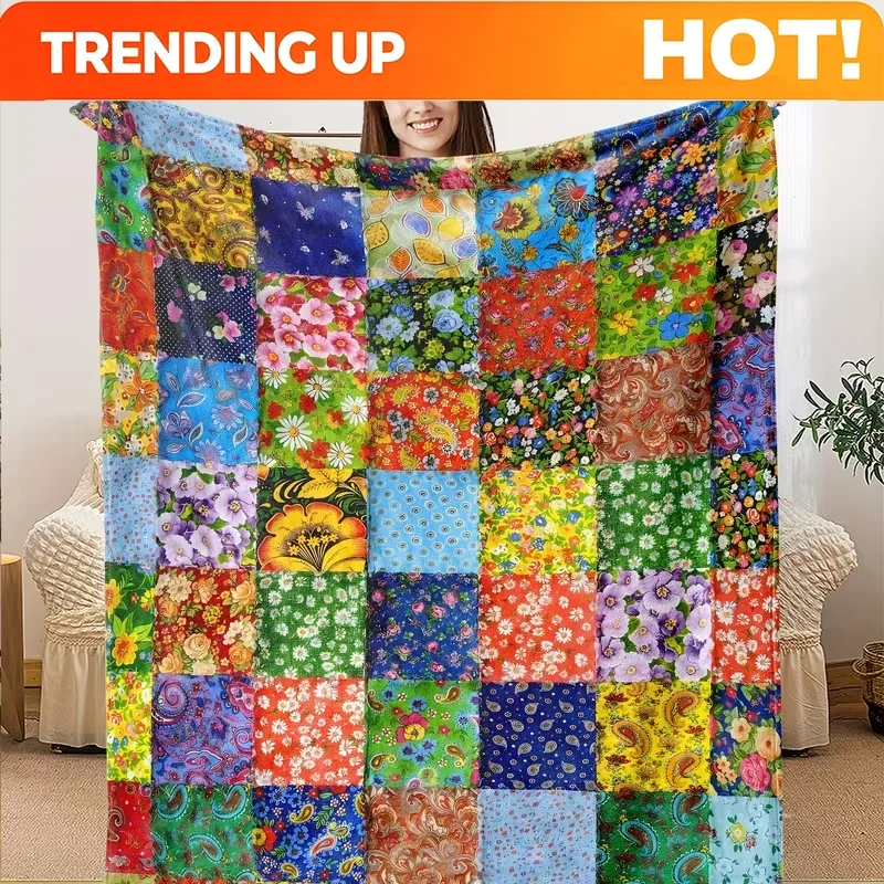 Customization Cozy Vintage Floral Plaid Flannel Throw Blanket Thanksgiving Soft & Warm For Couch Bed Travel Camping Comfort Plus