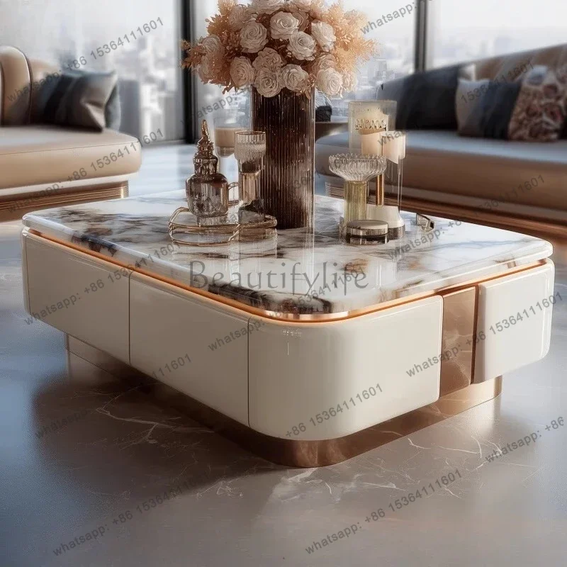 LJY Italian Unique Coffee Table Solid Wood Rustic Nordic Gold Coffee Table Luxury Minimalist White Meuble Salon Furniture For