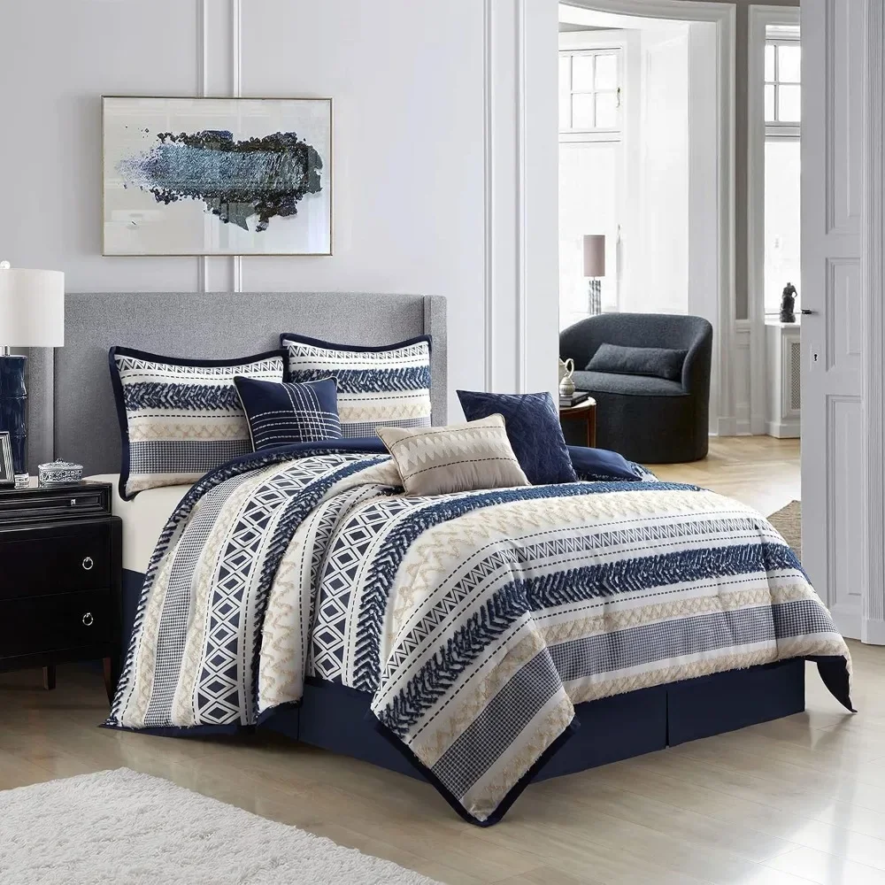 

Navy Striped King Size Comforter Set, 7 Piece, Jacquard & Clip Bedding Sets & Collections, Matching Shams, King Size Comforter