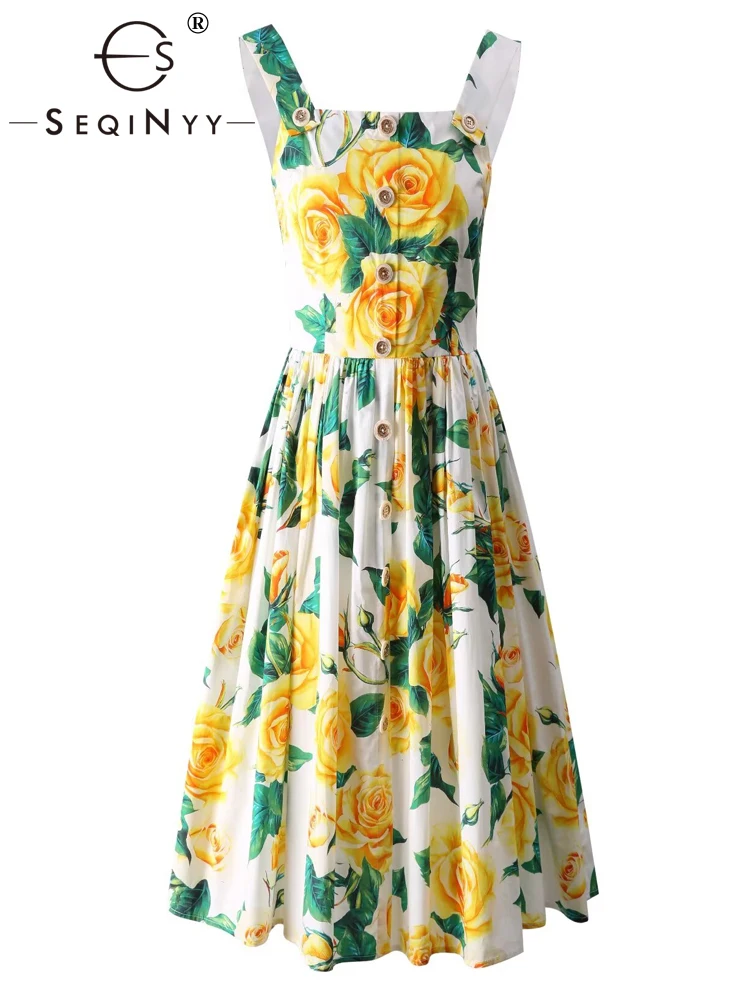 

SEQINYY Elegant Midi Dress Summer Spring New Fashion Design Women Runway High Street Strapless Vintage Flower Print Sicily