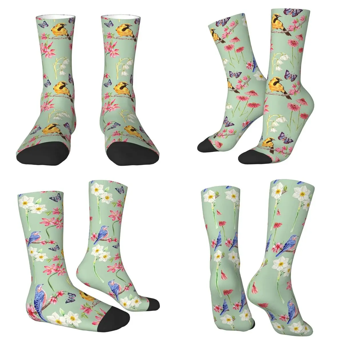 Spring Birds And Flowers On Grass Socks Harajuku Super Soft Stockings All Season Long Socks for Man Woman Valentine's Day Gifts