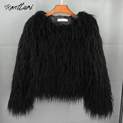 Kontturi Winter Faux Fur Coats For Women 2024 Loose Pink Plush Coat Black Shaggy Jackets Female Casual Colorful Warm Outerwear