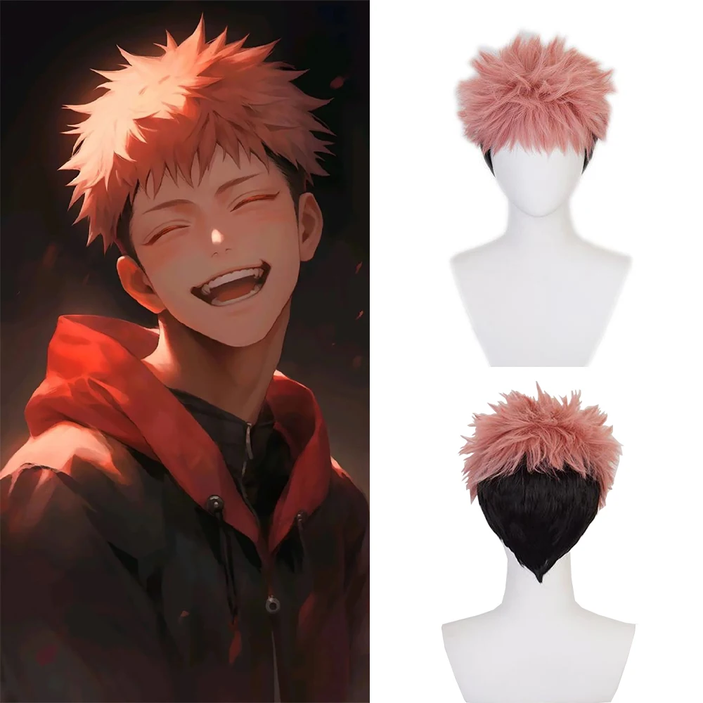 

High-Quality Anime Jujutsu Kaisen Yuji Itadori‌ Cosplay Synthetic Hair Black Pink Gradient Short Hair Fluffy Halloween Daily Wig