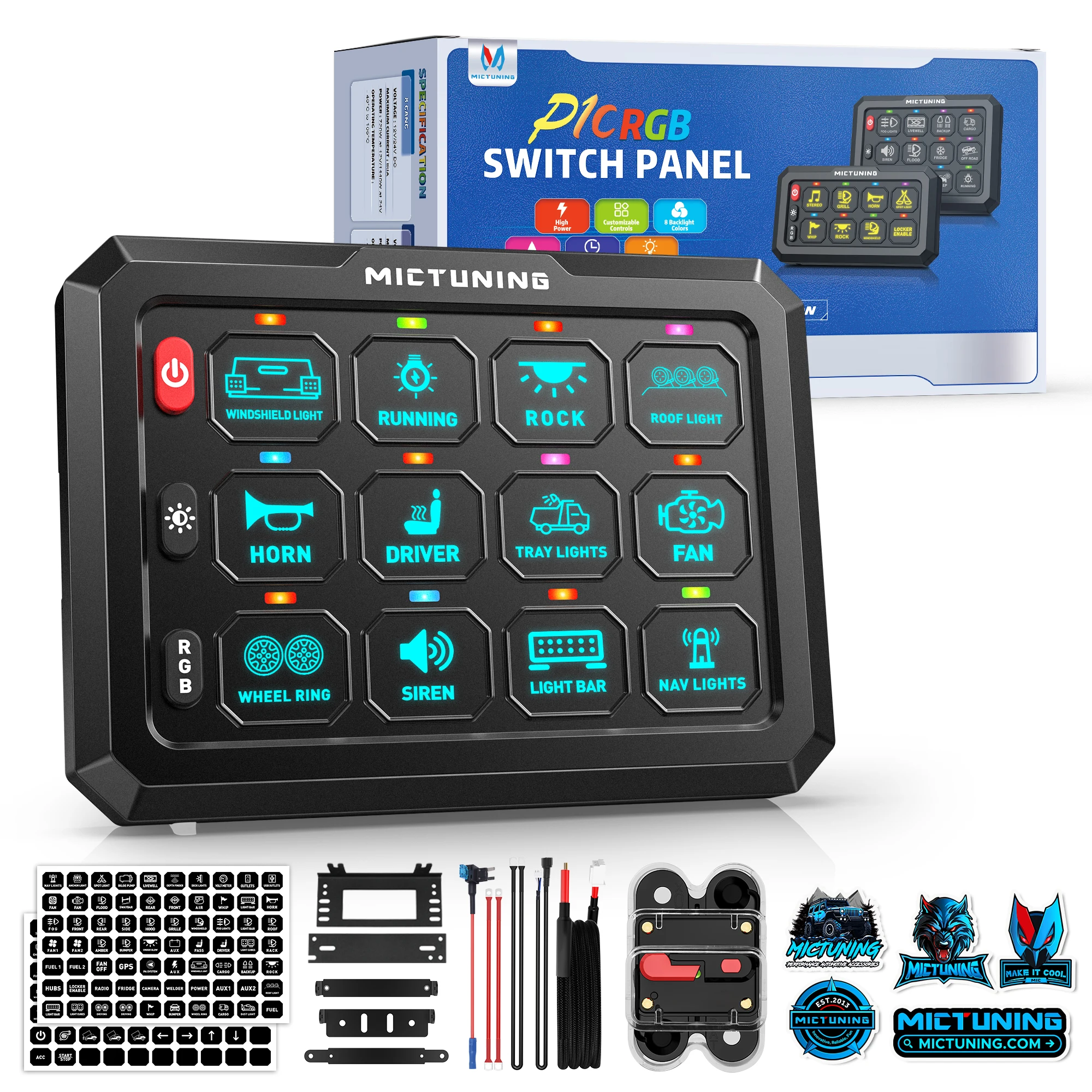 

MICTUNING P1C RGB 12 Gang Switch Panel, 6 Level Brightness Multifunction Toggle Momentary Flash Strobe Circuit Control for Car