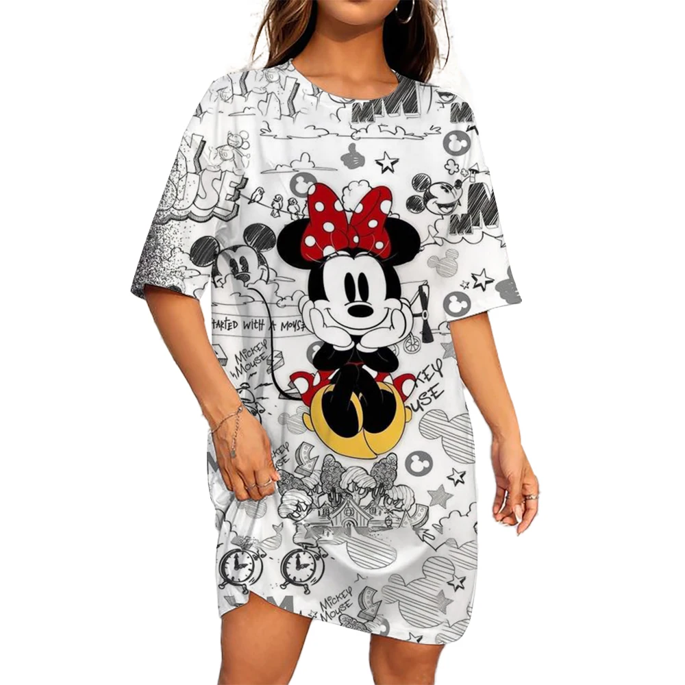 Disney-vestido con estampado 3D de Mickey Mouse para mujer, ropa informal de gran tamaño con estampado de paisaje, estilo playero, manga corta