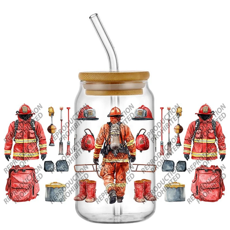 

New model Firefighter image Waterproof DIY Decals 3D Transfers Stickers 16oz UV DTF for Glasses cup Wraps