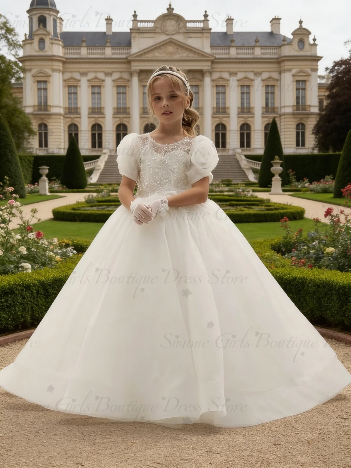 Customized White Flower Girl Dress For Wedding Bowknot Short Sleeve Satin Floor Length Kids Birthday First Communion Gown