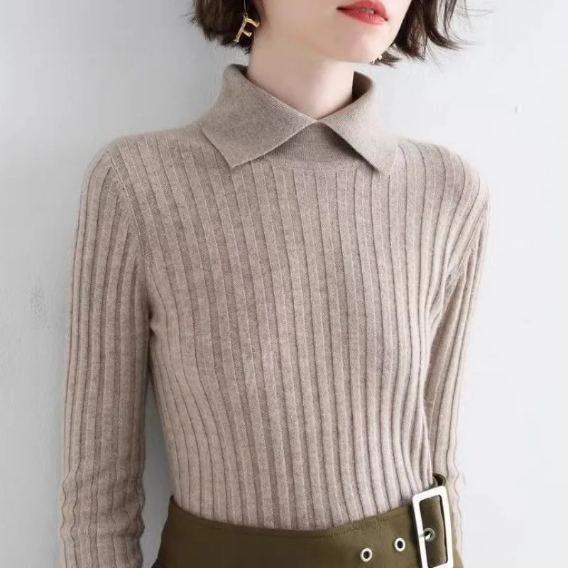 Chic Solid Ribbed Knitted Pullovers Women Slim Leisure Fashion Turtleneck Collar Sweater Ladies Warm Soft Knitwear Basic Tops BF