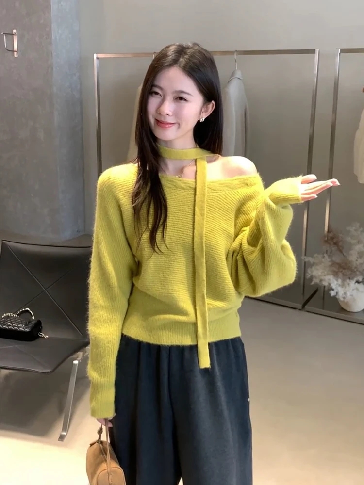 Koreański sweter damski z dzianiny z kołnierzem z futra niedźwiedzia, ocieplany, jesienno-zimowy, warstwa bazowa, sweter z okrągłym dekoltem.