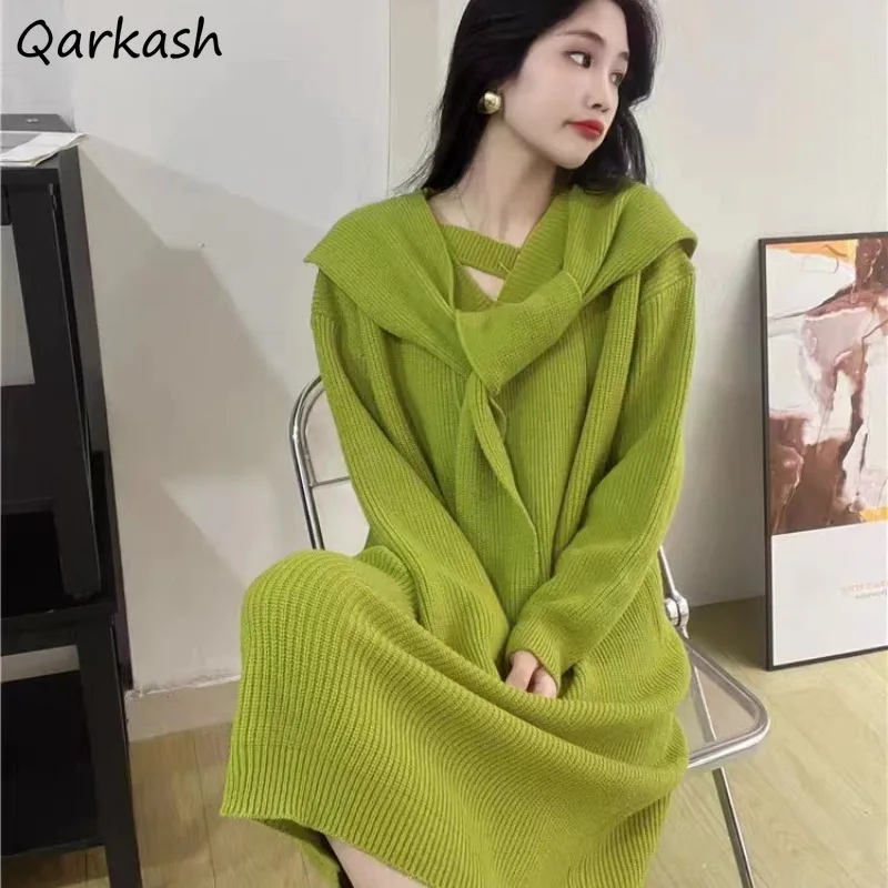 

Korean Knit Sweater Dresses Women with Scarf Solid V-neck Stretchy Straight Simple Lovely Elegant Loose Waist All-match Design